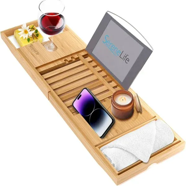 SereneLife Luxury Bamboo Bathtub Shower Caddy Tray Organizer with Wine Holder