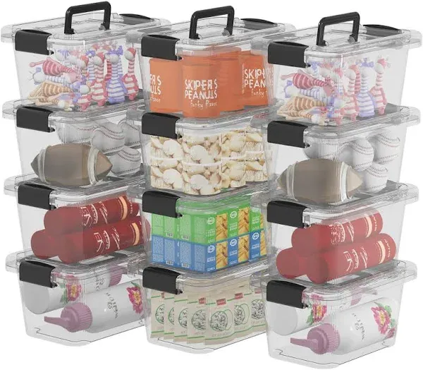 6.8Qt*12 Plastic Storage Bins, Storage Box, 12 Pack, Tote Organizing Container with Durable Lids, Secure Latching Buckles and Handles, Stackable and Nestable, Clear