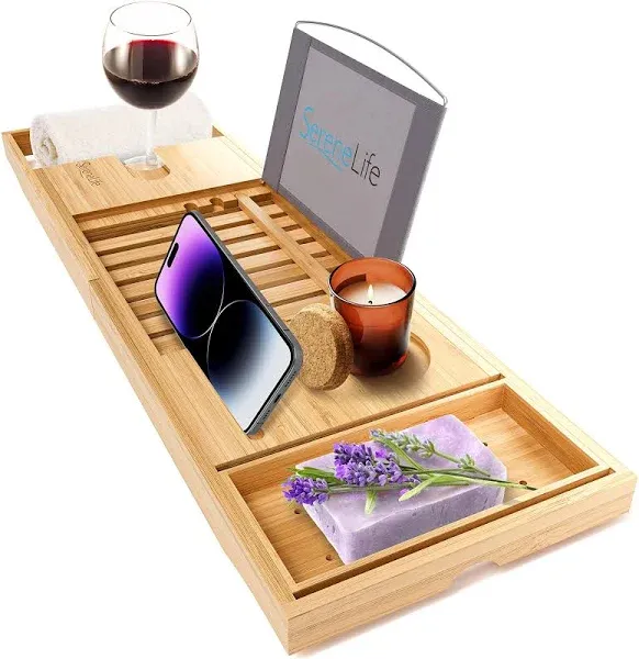 SereneLife Bamboo Bathtub Caddy with Luxury Gift Box and Red Gifting Ribbon Extendable & Adjustable Tray with Device/Book Holder with Removable Trays for Bath Accessories (Natural)