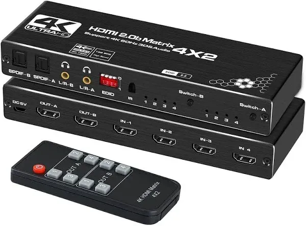 avedio Links 4K@60Hz 4x2 HDMI Matrix Switch, HDMI 2.0b Matrix Switch 4 in 2 Out, 4K HDMI Switcher Splitter + Optical and L/R Audio Output, Scaler EDID with Remote, HDCP2.2, HDR 10