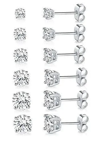 18K White Gold Plated Cubic Zirconia Stud Earring Pack (6 Pairs)