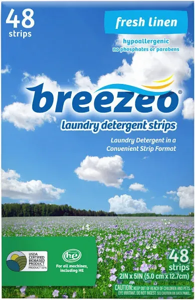 Breezeo Laundry Detergent Strips Fresh Linen Scent 48 Loads