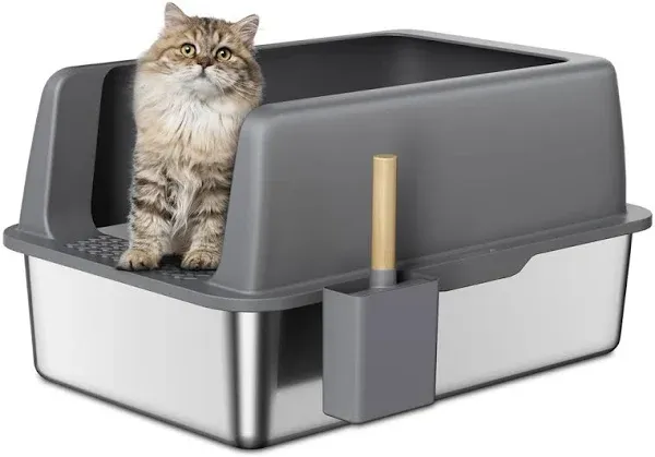 Stainless Steel Litter Box with Lid, XL Extra Large Cat Litter Box Enclosure for Big Cats with High Sides and Scoop, Easy Clean Metal Litter Pan, Non-Stick Cat Toilet, Anti-Leakage, No Smell