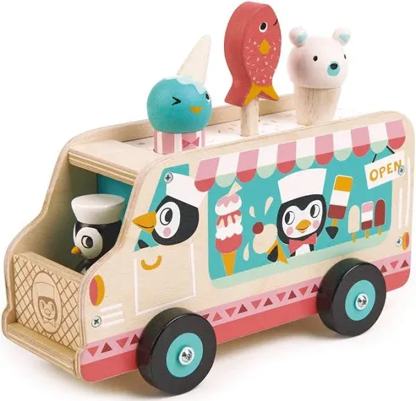 Tender Leaf Toys - Penguin’s Gelato Van - Food Truck Style Pretend Play, Ice Cream and Ice Lolly Wooden Vehicle - Encourage Role Play and Develops Social Skills for Children - Age 18m+