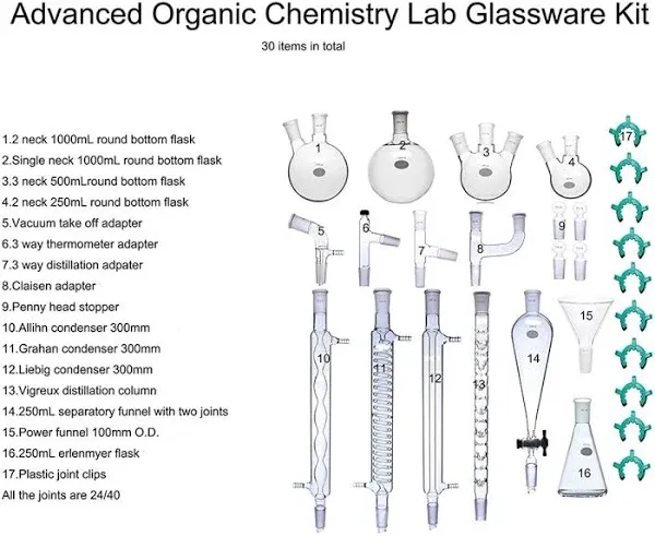 Laboy Glass Advanced Organic Chemistry Lab Glassware Kit Laboratory Glassware Apparatus (38pcs)