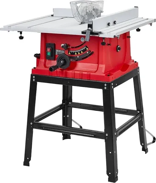 10 Inch Table Saw, 90°Cross Cut & 0-45°Bevel Cut, 5000RPM Portable Tablesaw with Stand & Port for Connecting Dust Collector, Adjustable Blade Height Wood Saw with 36" X 25" Working Surface, Red