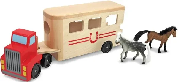 Melissa &amp; Doug Horse Carrier Wooden With 2 Flocked Horses And Pull-Down Ramp