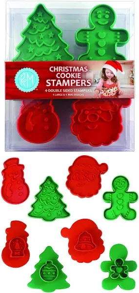 R&M, Christmas Double-Sided Cookie Cutter Stamper Set of 4, Assorted Designs and Sizes, Christmas Tree, Snowman, Santa, Gingerbread Man, Green and Red