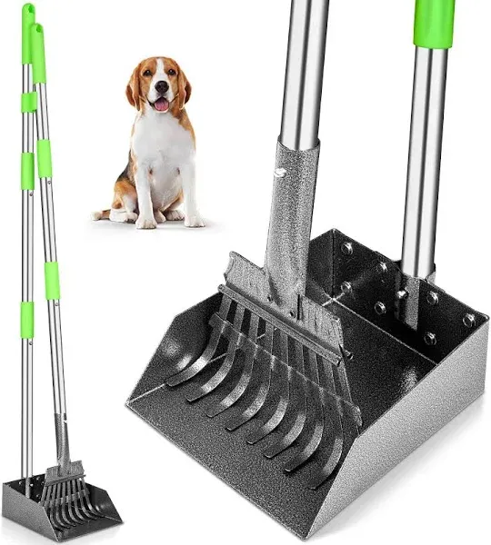 Pooper Scooper, Dog Pooper Scooper Long Handle Stainless Metal Tray and Rake Set