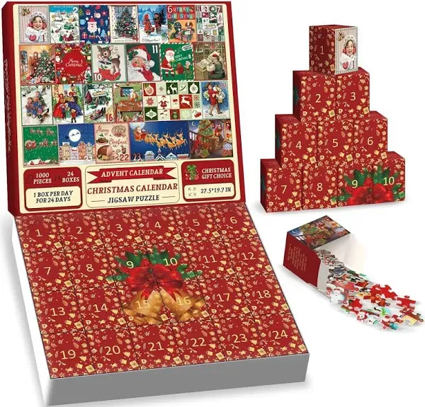 Christmas Bookshelf Advent Calendar Puzzle for Adults 1000 Pieces, Fantasy Holiday Christmas Countdown 2024 Jigsaw Puzzles, Book Santa Claus Elf Christmas Ornament Puzzle