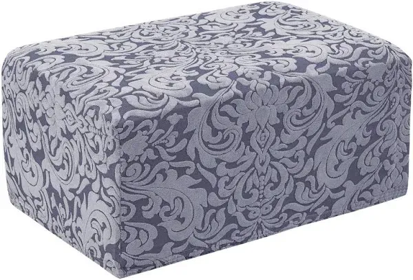 SUBRTEX Ottoman Slipcover Jacquard Damask Oversize Stretch Storage Protector Rectangle Footstool Sofa Slip Cover for Foot Rest Stool Furniture in Living Room (XL, Damask Linen)