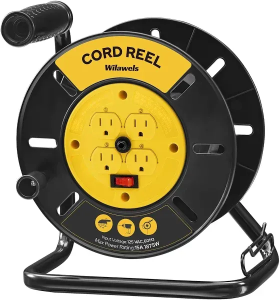 Extension Cord Storage Reel with 4-Grounded Outlets, 15A Circuit Breaker, Heavy Duty Open Cord Reel for 12/3,14/3,16/3 Gauge Power Cord, Hand Wind Retractable, ETL Listed, Yellow Y95CR06