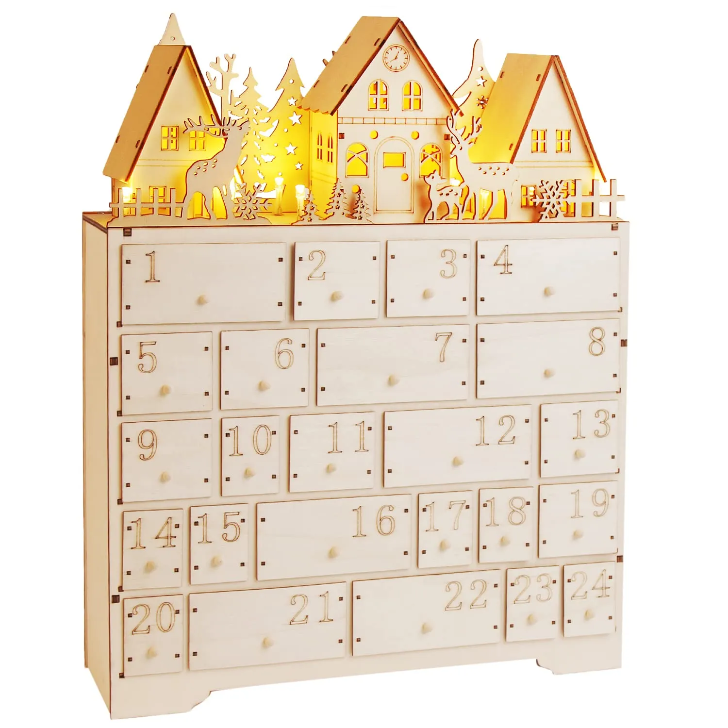 CCINEE Christmas Wooden Advent Calendar with 24 Storage Drawers, Countdown to Christmas Decoration with LED Lights Large Size Xmas Countdown Calendar for Holiday Decoration（ Upgraded）