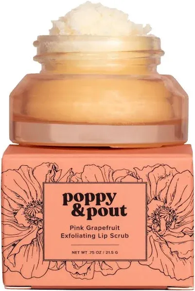 Poppy & Pout Natural Lip Scrub, Moisturizing Sugar Scrub for Dry Lips, Lip Scrubber Exfoliator with Essential Oils Smooths and Hydrates Lips, In Recyclable Glass Jars, Cruelty Free - Pink Grapefruit