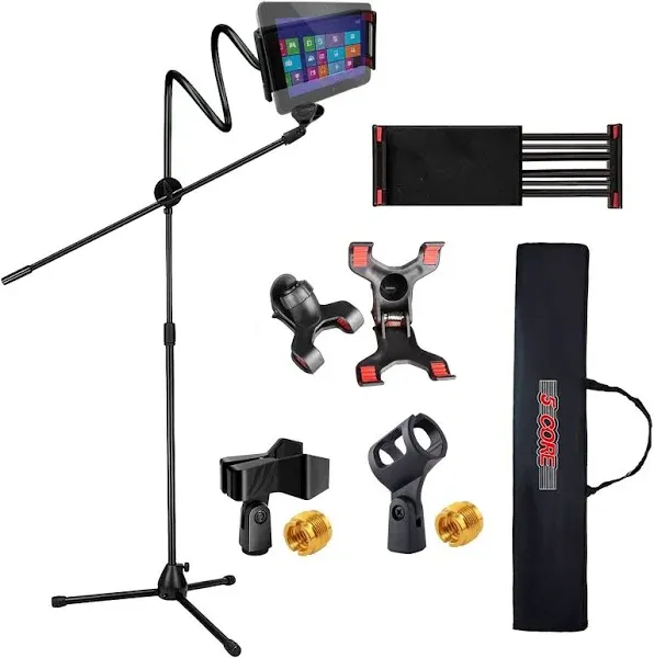 5Core Microphone Stand with Tablet Holder 2Pcs Foldable Adjustable 44–67 Inch Floor Boom Mic Arm w Phone Clamp Tripod w Carry Bag + 2 Mic Clips for Singing Karaoke Studio Stage MS MOB 2PCS