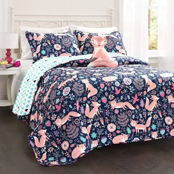 Lush Decor Pixie Fox Reversible Quilt Set, 3 Piece Set, Twin, Navy & Pink - Twin Bedding Sets for Girls - Whimsical Quilt for Kids & Toddlers -Floral & Heart Print - Woodland Bedroom Decor