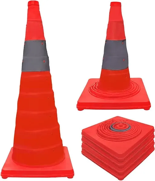 [4 Pack] Collapsible Traffic Cones 28 Inch, Traffic Safety Cones, Orange Traffic Cones, Collapsible Safety Cones with Reflective Collars, Parking Cones for Drivers Training Parking Lots by KAKO