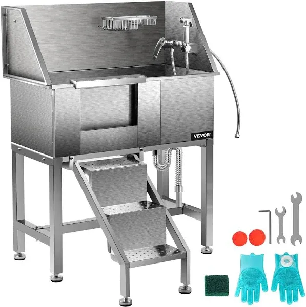 Pet Grooming Tub Stainless Steel Dog Wash Station with Removable Door & Ladder - Water-Resistant Grooming Tub for Dogs