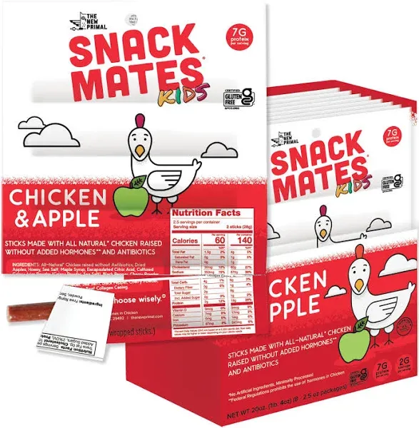 The New Primal Snack Mates Chicken & Apple Sticks, Gluten Free Healthy Snacks for Kids, Low Sugar High Protein Back to School Snacks, Mini Paleo Jerky Meat Stick, 7g Protein, 60 Calories, 40 Pack