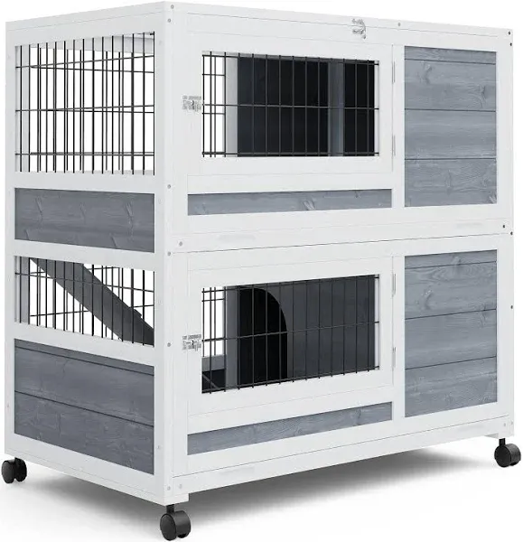 MoNiBloom 35.5" Wooden Rabbit Hutch w/2 Slide-Out Trays, Two Layer Guinea Pig House w/4 Wheels, Gray