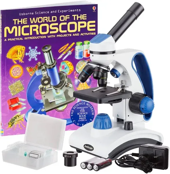 AmScope M162 Series Portable Metal Frame Student Compound Microscope - With The World of The Microscope - 40X-1000X Magnification - Microscope for Kids with Dual Lens LED Lights