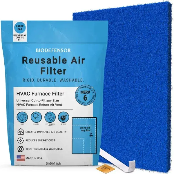 Biodefensor Washable Reusable AC Furnace Filter, MERV 6, 20x30x1 Cut to Fit Material, Made in USA