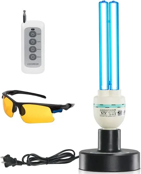 COOSPIDER UV 36Watts UVC Ozone Lamp w/Remote Control UVC Light Bulb with Base for Basement/Storehouse/Car, 3-Gear Timer 15/30/60 Minutes E26 110V CTUV-36 (with Ozone)