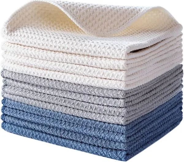 POLYTE Ultra Premium Microfiber Kitchen Dish Hand Towel Waffle Weave, 8 Pack (16x28 in, White)