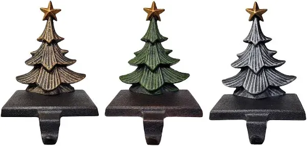 Lulu Decor, Cast Iron Christmas Tree Stocking Holders, Sold in Set of 3 Trees in Metallic Gold, Silver and Green Finish, Beautiful, Heavy, Sturdy Stocking Hooks (Color Trees)