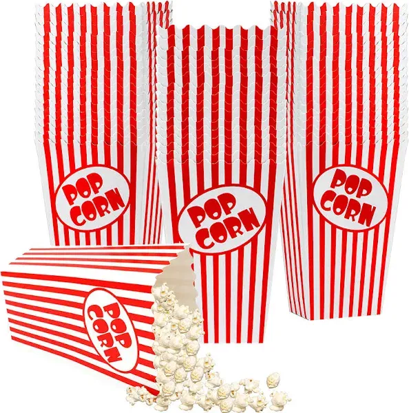 50 Pcs Popcorn Boxes for Party 5.5 Inches Tall Red &amp; White Striped Popcorn Ba...