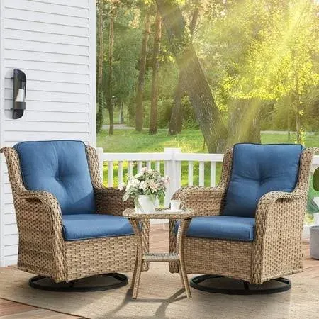 Pocassy 3-Piece Outdoor Swivel Bistro Set with Wicker Rocking Chairs