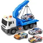 Tow Truck Toy with Hook and 3pcs Pull-Back Race Car，Friction Powered Toy Tow Truck,Tow Truck with Light&Sounds, Toy Trucks for Boys Age 4-7,Construction Toy Truck