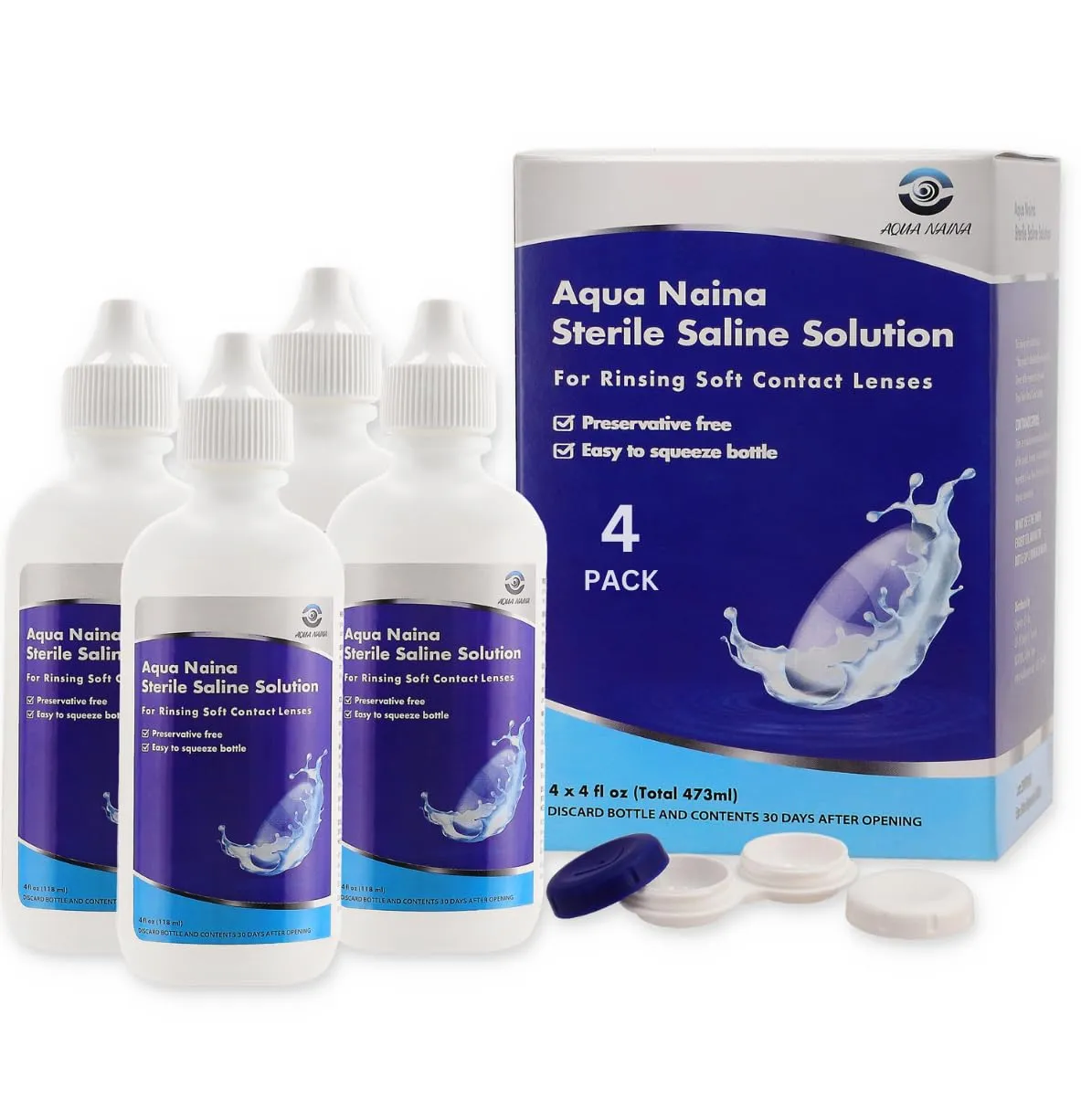 Aqua Naina (4X 4Fl. Oz) - Preservative Free Sterile Saline Solution - Unisol 4 Replacement - Contact Solution for, Rinsing Soft & Hard Contact Lenses. (4 Fl Oz (Pack of 4))