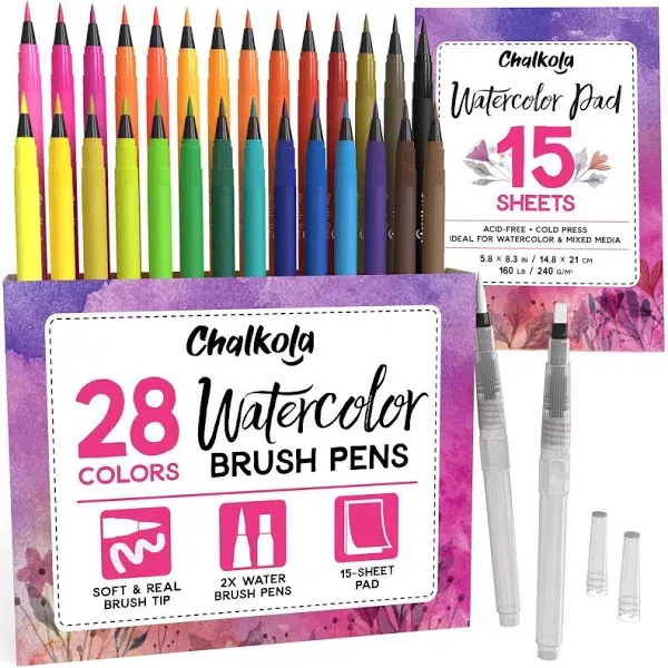 Chalkola Watercolor Brush Pens for Lettering, Coloring, Calligraphy - Set of 28 