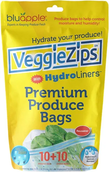 BluApple VeggieZips Premium Produce Storage Bags - 10 Produce Food Saver Bags + 10 HydroLiners to Keep Produce Fresh Longer - Washable & Reusable Bags for Humidity Control for Fruits and Vegetables