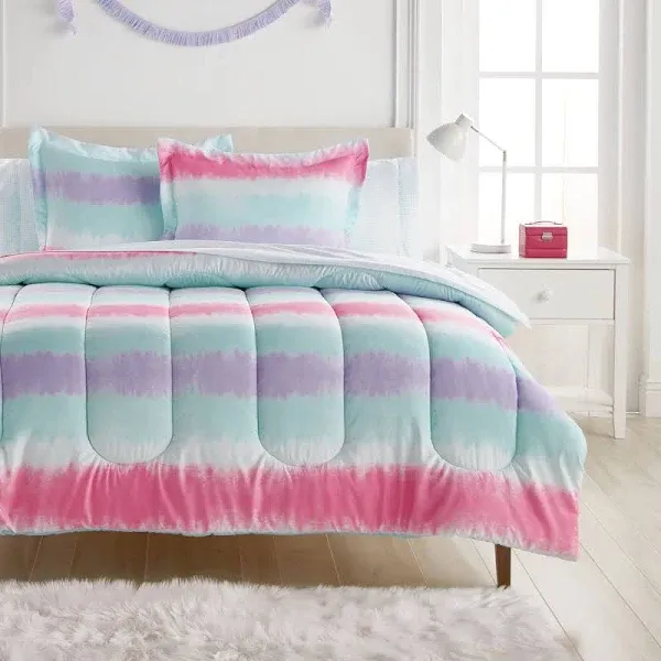 Dream Factory Tie Dye Stripe Full 7 Piece Comforter Set, Polyester, Microfiber, Pink, Purple, Multi, Child, Unisex