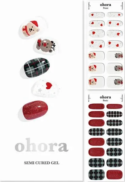 ohora Semi Cured Gel Nail Strips (N Gomdolph & Santagom) - Red/Green, Works with UV/LED Lamps, Salon-Quality, Long Lasting, Easy to Apply & Remove - Includes 2 Prep Pads, Nail File & Wooden Stick