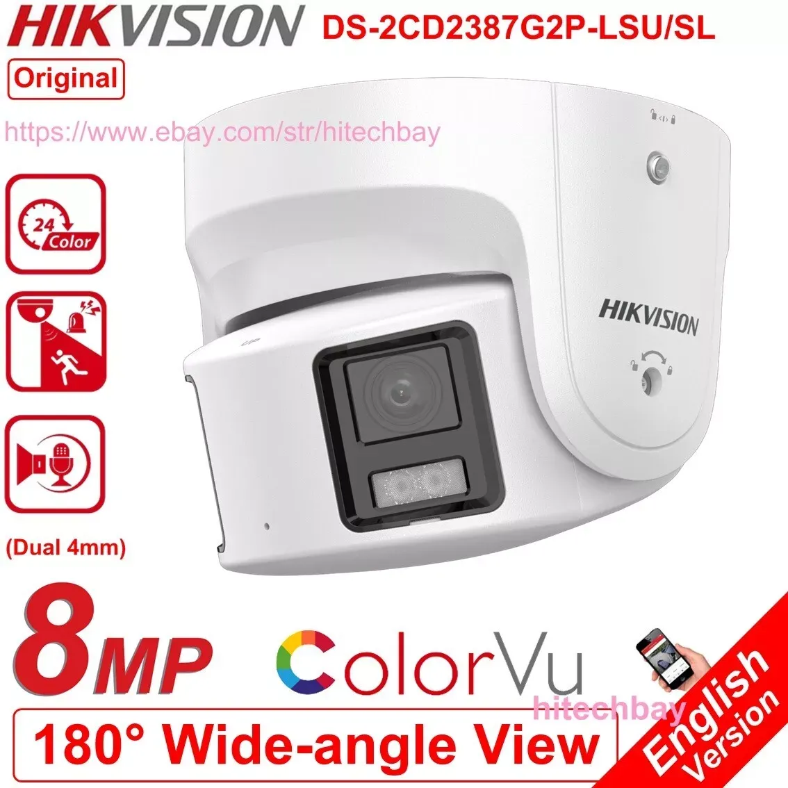 Hikvision DS-2CD2387G2P-<wbr/>LSU/SL 4K 8MP ColorVu 180° Panoramic Camera 2-Way Audio