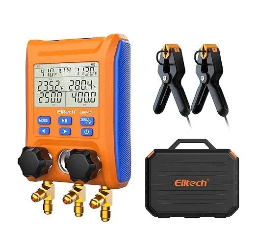 Elitech LMG-10 Refrigeration Heat Pump Digital Manifold Gauge Set, High-Precision Pressure Temperature Vacuum Leakage Tester Dignostic Meter Kit