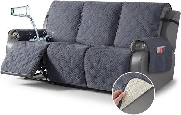 TAOCOCO Waterproof Recliner Sofa Cover Couch Cover for Reclining Couch 3 Seat Non-Slip Split Sofa Slipcover 3-Pieces with Straps, Washable Reclining Sofa Cover for Kids Pets(3 Seater, Dark Grey)