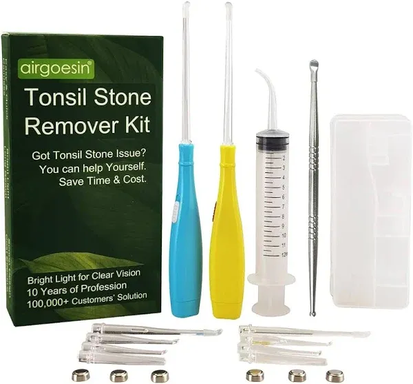 Airgoesin™ 6.75 inch Tonsil Stone Remover LED Tool Kit - 2 Sets, Oral Irrigation Syringe & Stainless Steel Pick, Tonsil Stone Removal Kit for Breath Freshening