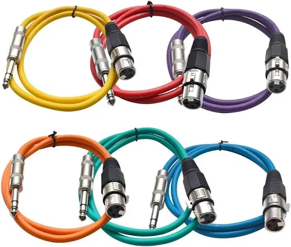 SATRXL-F2 - 6 Pack of Multiple Colors 2' XLR Female to TRS Patch Cables