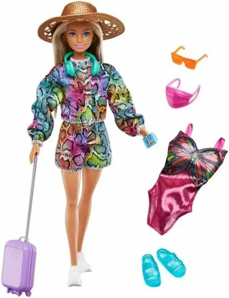 Barbie Doll & Accessories Set, Holiday Fun Summer Travel Fashion Doll, Blonde with Rainbow Jogger Top & Shorts, Swimsuit, Luggage & More