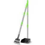 Dog Pooper Scooper Long Handle Stainless Metal Tray Rake Set Medium Small Green