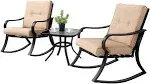 SOLAURA 3-Piece Outdoor Rocking Chairs Bistro Set, Black Iron Patio Furniture with Brown Thickened Cushion &amp; Glass-Top Coffee Table