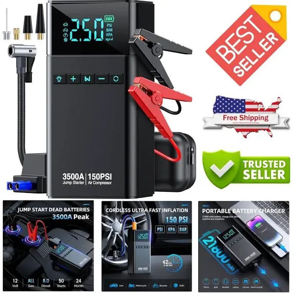 Portable Car Jump Starter with Air Compressor, 3500A 150PSI Car Battery Jump Sta