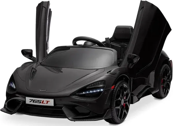 Kidzone 12V Licensed McLaren 765LT Kids Ride On Sports Car Electric Vehicle Vehicles with 2 Speeds, Parent Control, Suspension, Smooth Start, Hydraulic Doors & Hidden Training Wheels - Black