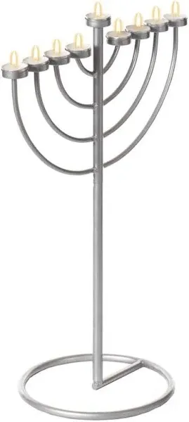 Small Modern Silver 9 Branch Lighting Thin Pipe Hanukkah Menorah, Metal-Aluminum