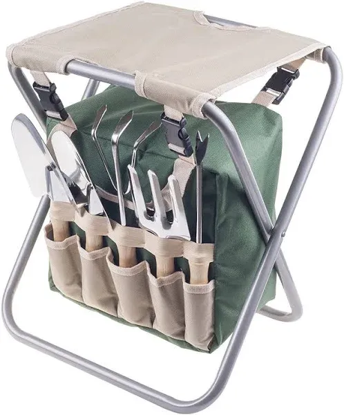 Pure Garden Folding Garden Stool with Tool Bag and 5 Garden Tools