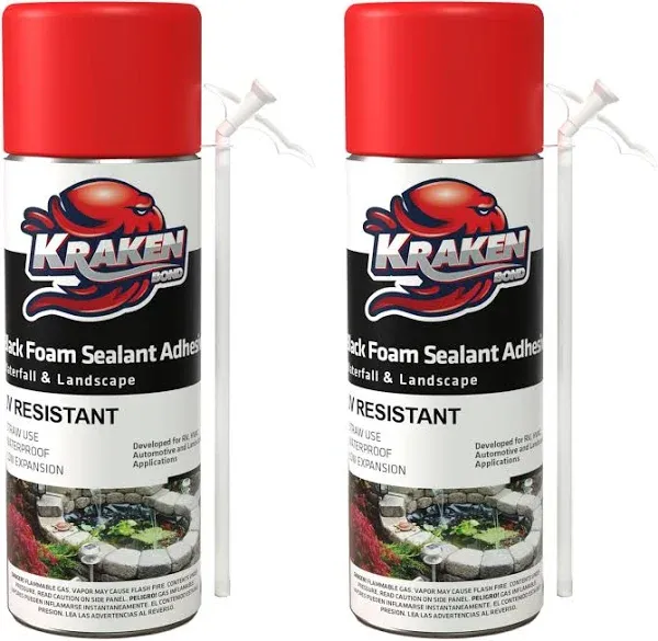 Kraken Bond Black Spray Waterfall Foam Sealant - (2x12oz) Expanding Polyurethane Pond Foam Sealer Black, UV Resistant Insulating Spray for Landscape & Exterior, Straw Use, 2 Pack